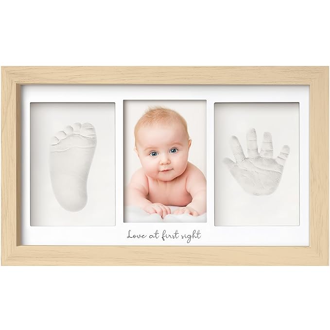 Baby Hand and Footprint Kit - Clay Handprint Keepsake Frame, Newborn Nursery Picture Frame, Personalized New Mom Gifts for Baby Shower & Registry (Ash Wood)