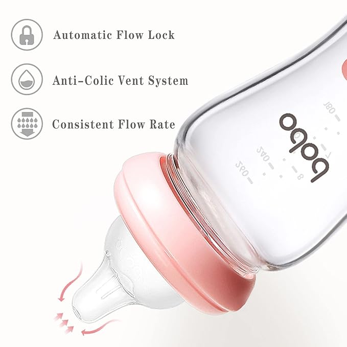 YOHKOH Natural Glass Baby Bottle with Natural Response Nipple, Newborn Anti-Colic Baby Bottles, Wide Neck Mushroom Cap Baby Bottle, Clear (8.8oz (Pack of 2), Red-A)