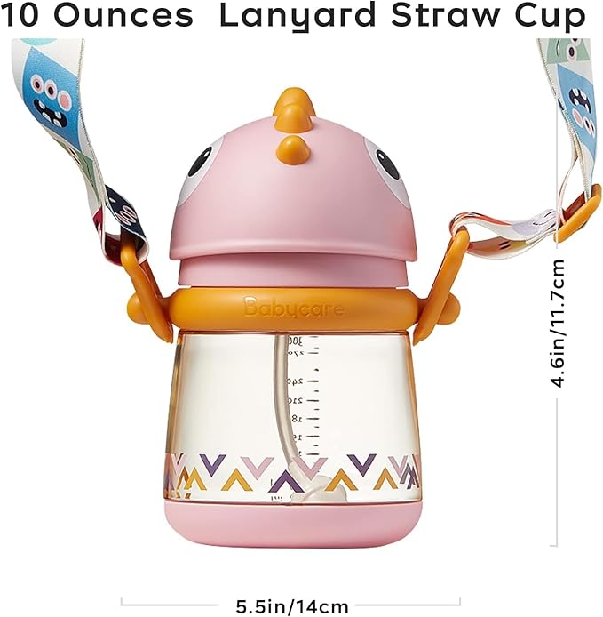 bc babycare Straw Sippy Cups for Toddler, No Spill Sippy Cups for Baby 1+ Year Old, Transition Weighted Sippy Cup with Straw and Strap, 10oz/300ml, Pink