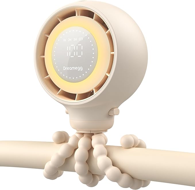 Dreamegg Portable Stroller Fan - 4000mAh Rechargeable Baby Stroller Fan With LED Display, Night Light, Hidden Blade, Detachable 4 Speed 360ยฐRotate, Handheld Cooling for Crib,Travel, Car Seat, Bedroom