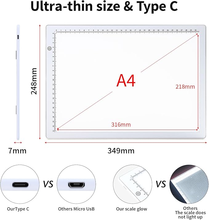Zocelight A4 Light Box for tracing,Ultra-Thin Magnetic led Light pad for Diamond Painting,3 Level dimming Copy Board for Drawing,Sketching,Tattoo,Light Board for Artists,X-ray Viewing,Weeding Vinyl