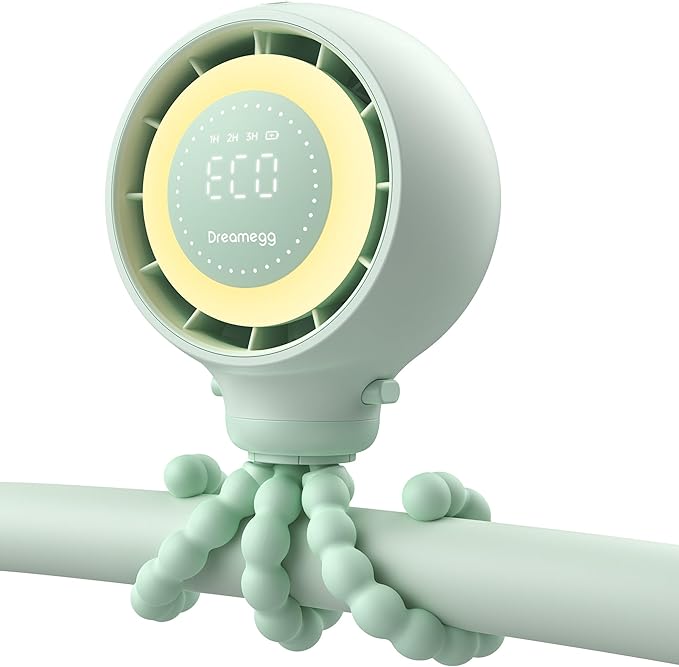 Dreamegg Portable Stroller Fan - 4000mAh Rechargeable Baby Stroller Fan With LED Display, Night Light, Hidden Blade, Detachable 4 Speed 360ยฐRotate, Handheld Cooling for Crib,Travel, Car Seat(Green)