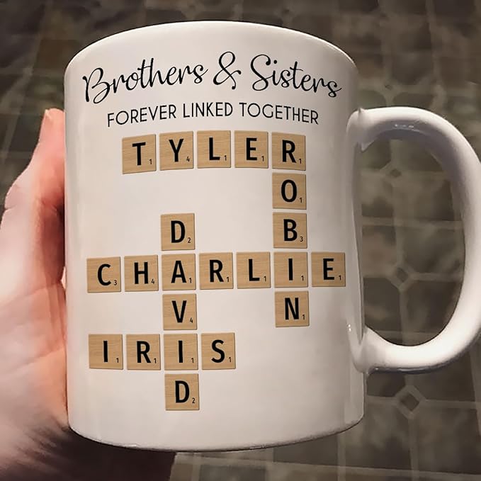 Trending Custom Brothers And Sisters Forever Linked Together Crossword Puzzle Art Personalized Mug, Gift For Brothers, Sisters, Siblings, Family Member on Birthday Christmas