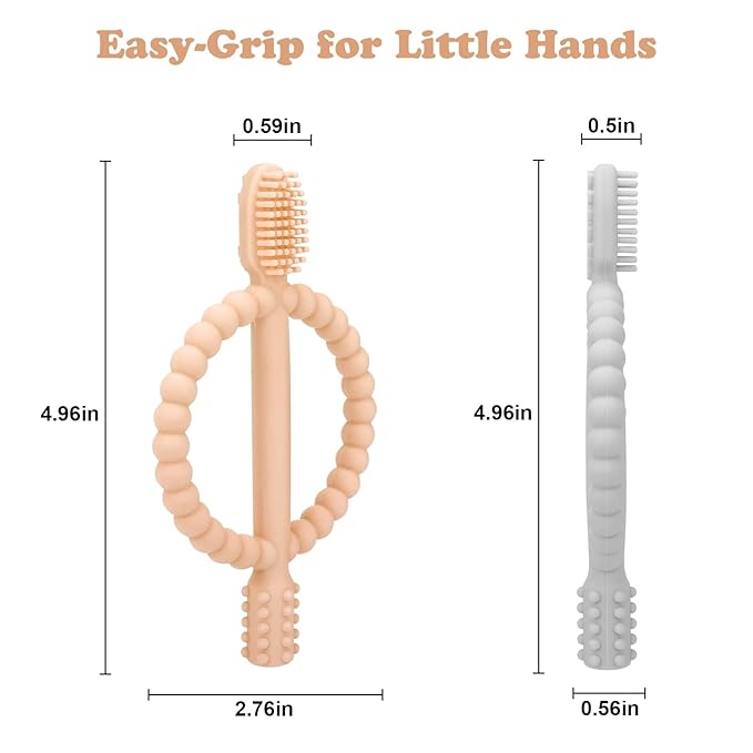 Baby Teething Toys with Easy-Hold Handle, Silicone Infant Toothbrush, Textured On Both Sides Helps Massage, Soothe Sore Gums, Teething Toys for Babies 0-6 Months, 6-12 Months Peach Powder & Gray