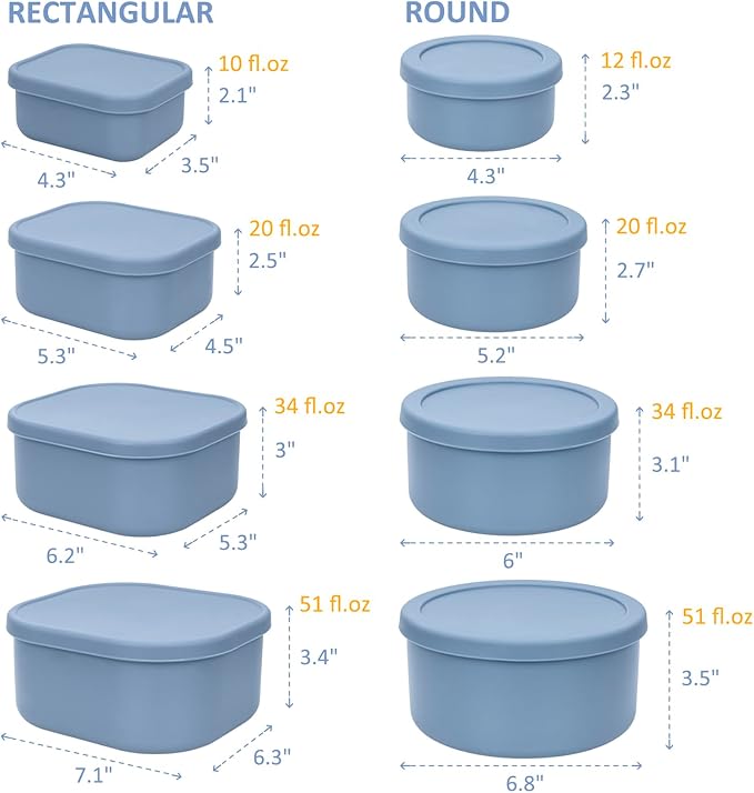100% Silicone Food Storage Containers with Lids, 8 Pack, 10oz to 51oz, Reusable Leakproof Nesting & Stackable Silicone Bento Lunch Box, Microwave Freezer Dishwasher Oven Safe, BPA Free, Slate Blue