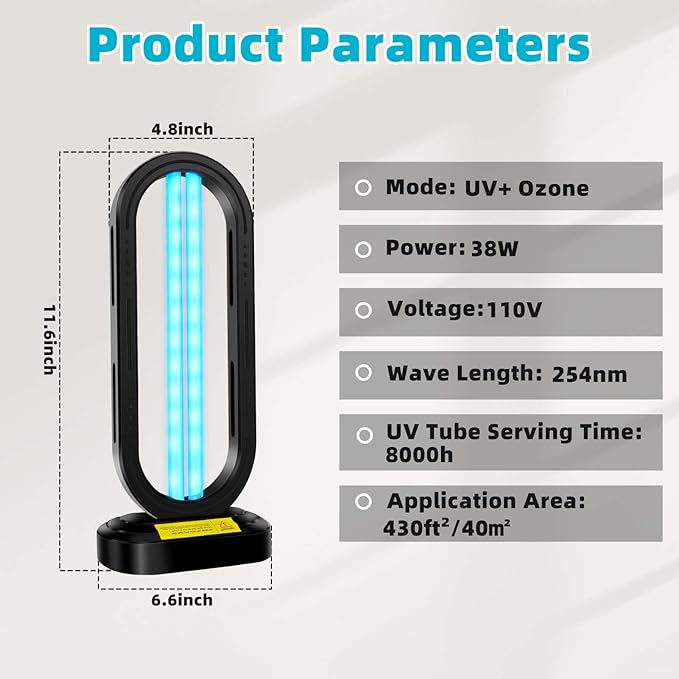 UV Light Sanitizer,4-Speed Timing and Remote Control UVC Home Disinfection Device,Portable Ultraviolet Light Sanitizer for Dust Mites,UV Lamp for Whole Room,Black