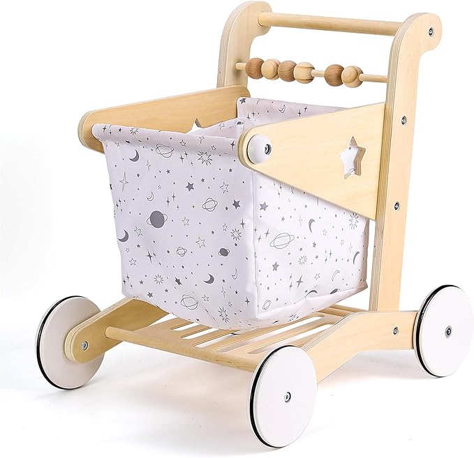 Wooden Baby Walker Doll Stroller | Adjustable Speed Shopping Cart for Toddlers 1-3 | Baby Push Walker - Pretend Play Grocery Cart | Natural Wood Stroller Push Toys for Babies Learning to Walk