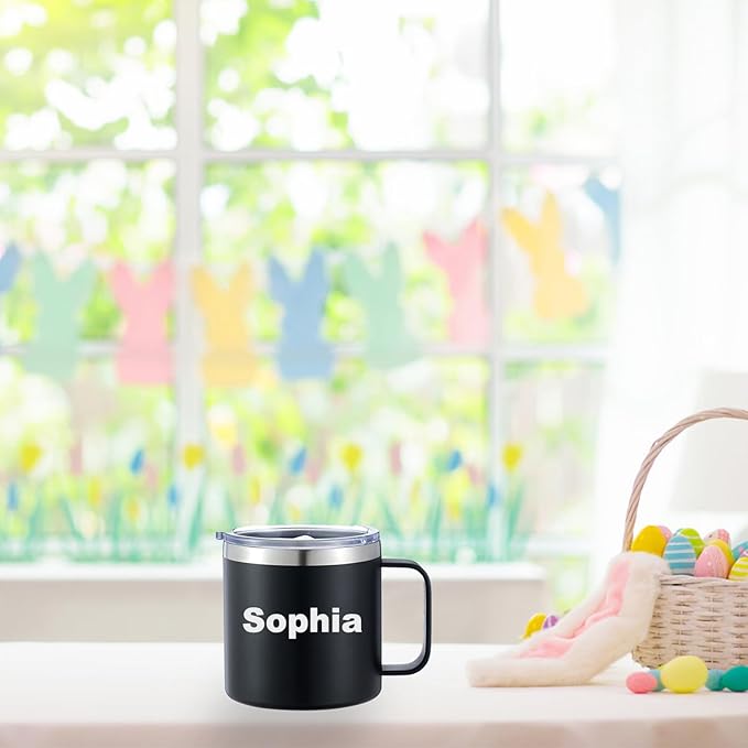 Personalized Mug Cup with Handle 12/14oz Custom Stainless Steel Mugs Customized Name Coffee Tumbler for Women Men Student Family Office Gifts, Text