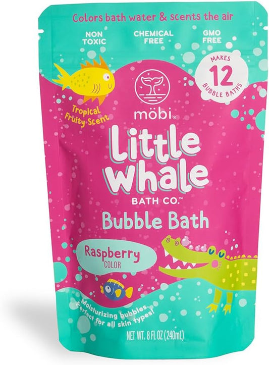 Mobi Little Whale Bubble Bath, Tropical Fruity Raspberry Scent Kids Body Wash, Gentle Moisturizing Tub Foam for All Skin Type, GMO-Free, Stain-Free, Fun Pink Color, 8 fl oz