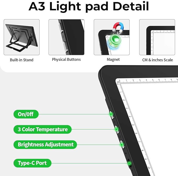 Zocelight Rechargeable A3 Light Board with Built-in Stand,Super Bright Magnetic Light Box for Tracing,Wireless Light Pad for Diamond Painting,Side Buttons,5000mAH Battery,LED Light Table for Drawing