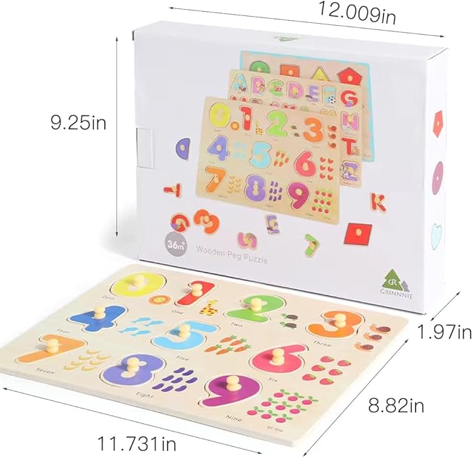GRINNNIE Wooden Montessori Toddler Puzzles for 1 2 3 4 Years Old, 3 Pcs (Number, Letter, Shape) Kids Preschool Educational Peg Puzzle Set