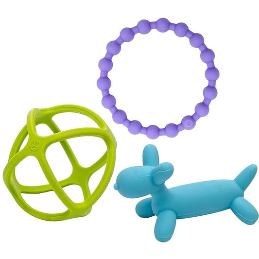 WeeSprout Silicone Baby Teether Toys for Infant Babies and Toddlers, Cute Ring, Puppy Dog, and Ball, Soft and Flexible, BPA Free, Boys and Girls (Bright Green, Purple & Blue)