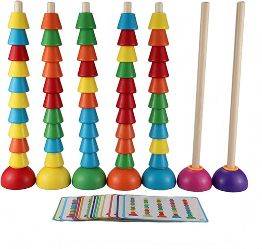 Wooden Stacking Ring Toy Set, Educational Color Pattern Matching Game with Activity Cards, Rainbow Colors,for 3 4 5 Year Old STEM Preschool Learning Montessori Toys Gifts for Kids Boy Girl Toddler