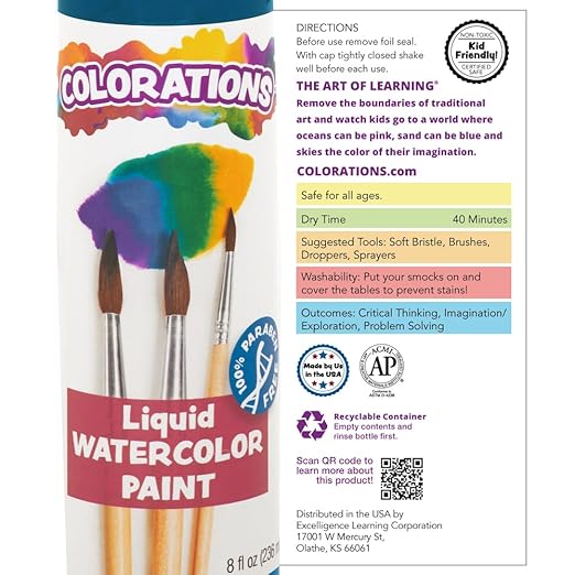 Colorations Classic Colors Liquid Watercolor Paint, Art Supplies, Set of 13 - 8oz Bottles in Vibrant Colors, Classroom Projects, Non-Toxic, Easy Wash, School, Craft Supply, - Made in the USA
