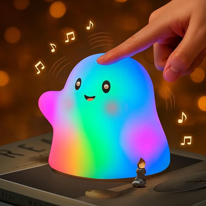 Halloween Ghost Night Light RGB โ Touch Night Light for Kids, Rainbow Color-Changing,30-Min Timer,Sounds & Sleep Music, Squishy Silicone, USB Rechargeable, Nursery Decor, Ghost Light Decor