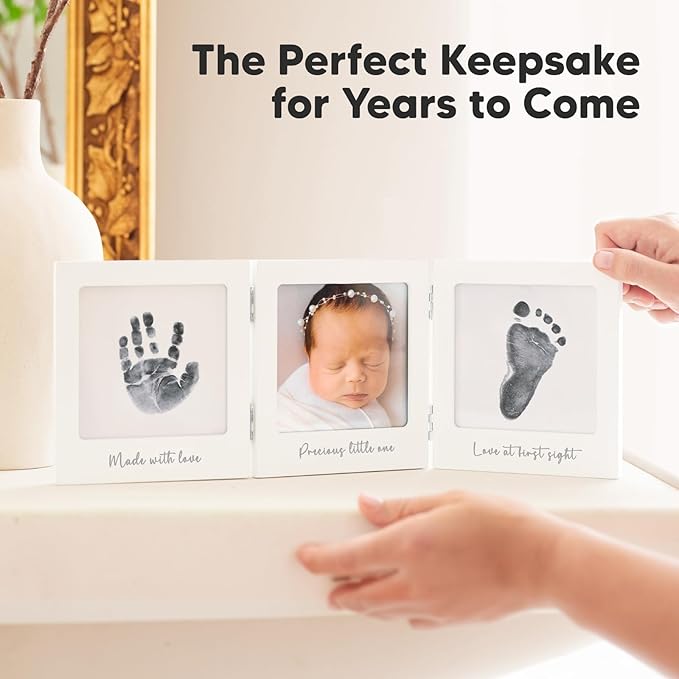 Inkless Baby Handprint and Footprint Kit for Newborn - Baby Footprint Kit, Newborn Keepsake Nursery Picture Frame,Dog Paw Print Maker, Personalized Gifts for New Mom,Showers & Registrys(White/Silver)