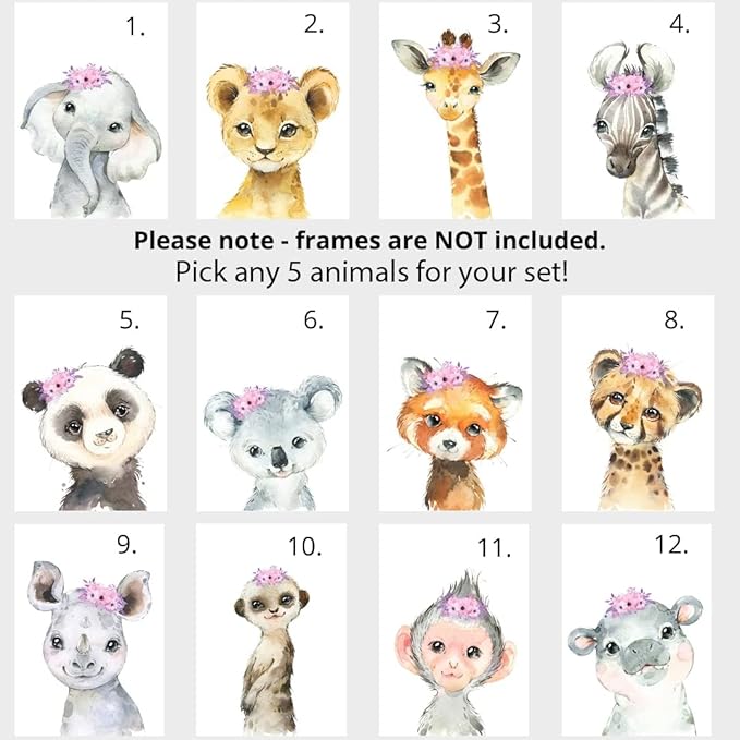 Personalized Safari Animals for Baby Girls Nursery, Set of 6 Unframed Poster Prints, Personalized Name Pink Lilac Floral, Girls Bedroom Decor, Elephant Giraffe (8x10)