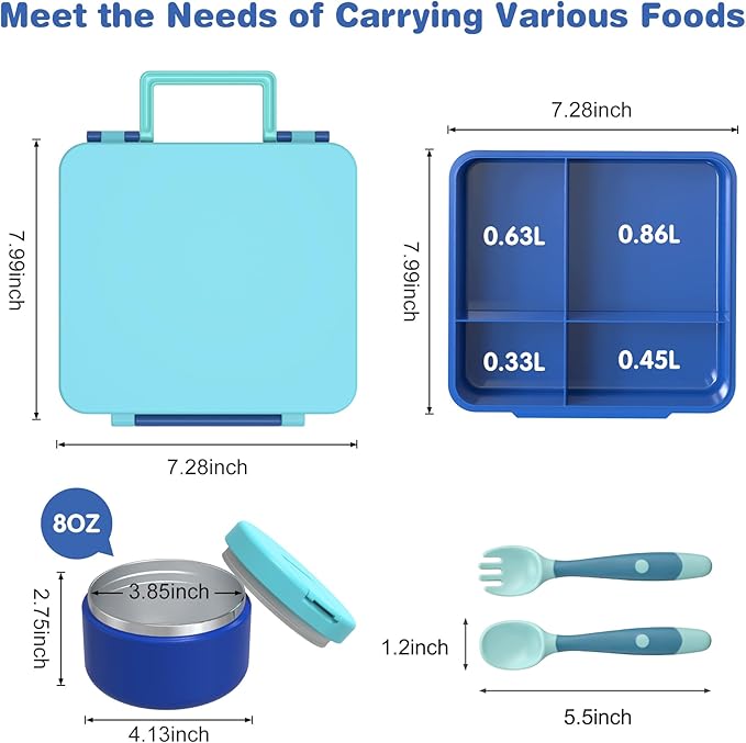 Bento Lunch Box with 8oz Soup Thermo, Kids Leakproof Lunch Food Containers with 4 Compartment, Kids Thermo Insulated Hot Food Jar for School, Trvael(Blue
