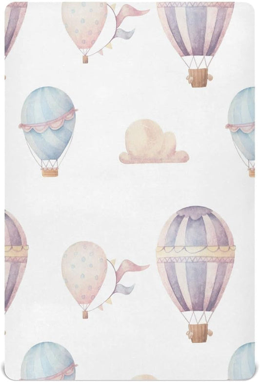 Watercolor Hot Air Balloon Crib Sheets for Boys and Girls, Fitted Baby Crib Sheets Soft and Breathable Mini Crib Sheets 52 X 28 X 9 Inches