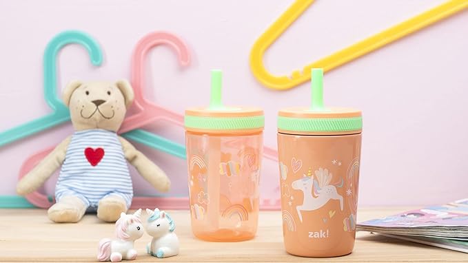 Zak Designs Unicorn Kelso Tumbler Set, Leak-Proof Screw-On Lid with Straw, Bundle for Kids Includes Plastic and Stainless Steel Cups with Bonus Sipper, 3pc Set, Non-BPA, 15 fl.oz.