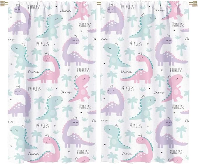 Kids Dinosaur Curtains for Boys Girls Bedroom Decor Cartoon Dino Colorful Cute Funny Animal Wildlife Printed Blackout Rod Pocket Window Drapes for Baby Nursery Playroom W36xL63in 2 Panels