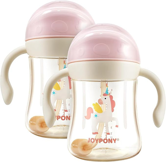 Sippy Cups for Toddlers 1-3, Spill Proof Weighted Straw Cup with Handle for Baby 6 Months + old, 2 Pack, Total 4 Silicone Straws, PPSU, BPA Free, 9 oz (Pink)