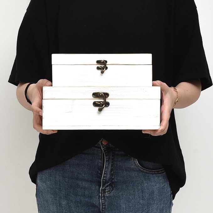 Decorative Wooden Box with Hinged Lid - Timeless Carved Floral Storage for Rustic Farmhouse Decor, Set of 2, White