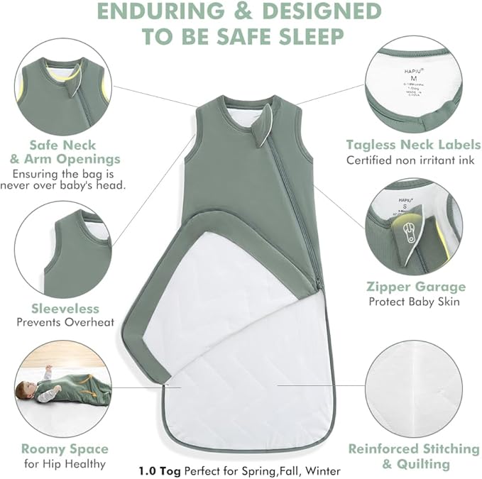 HAPIU Unisex Rayon Made from Bamboo Baby Sleep Sack TOG 1.0, 2-Way Zipper YKK, Wearable Blanket Baby