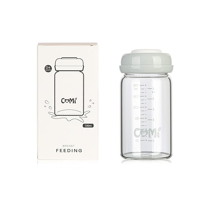 COMI Wide Neck Glass Breastmilk Collection n Storage Bottle, 6oz with Screw Ring Sealing Disk; Re-markable Sealing Disc. BPA Free, Fits Breast Pumps & Nipples (Gray Lids)