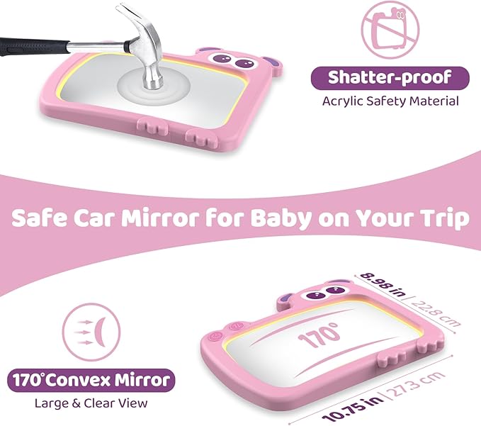 2-in-1 Baby Car Mirror with Lights & Soft Sounds, Cry Detector, Clear Night View, 360° Rotation, Shatterproof, Rear Facing Baby Car Seat Mirror with Remote Control, Perfect Baby Shower Gifts (Pink)