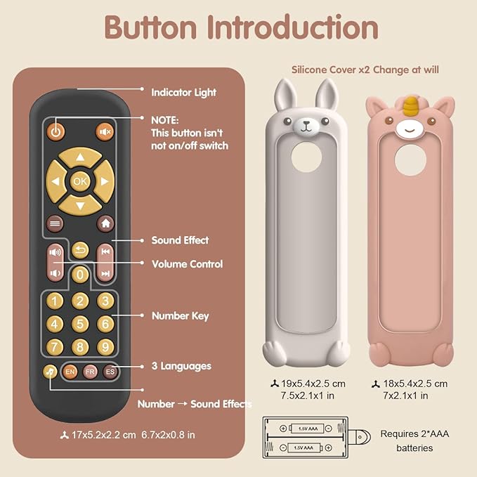 Nueplay Baby TV Remote Control Toy with Silicone Teether Cover, Toddler Realistic Controller, Early Number Learning in 3 Languages (English, Spanish & French), Preschool Girls Toys 6, 12, 18 Months