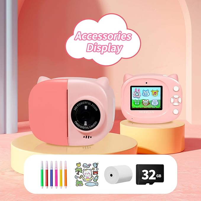 Instant Print Camera Toy for Kids, Girls Birthday Gifts for 3 4 5 6 7 8 Year Old Learning Music Story Player, 1080P HD Dual-Lens Creative Instant Camera (Pink)
