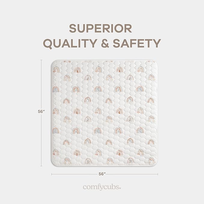 Comfy Cubs Square Kids Play Mat - 56 x 56 inches Soft Quilted Baby Floor Mat with Non-Slip Bottom - Plush Design for Toddlers' Playtime and Relaxation - Comfortable and Durable - Rainbow