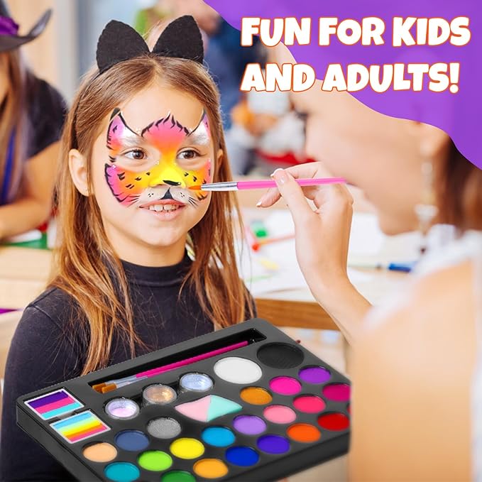 Face Painting Kit for Kids - 24 Colors Water Based Non Toxic Face Paint Kit, Professional Face Paint for Kids with Stencils & Brushes - Parties, Birthdays, Halloween Face Body Makeup Kit