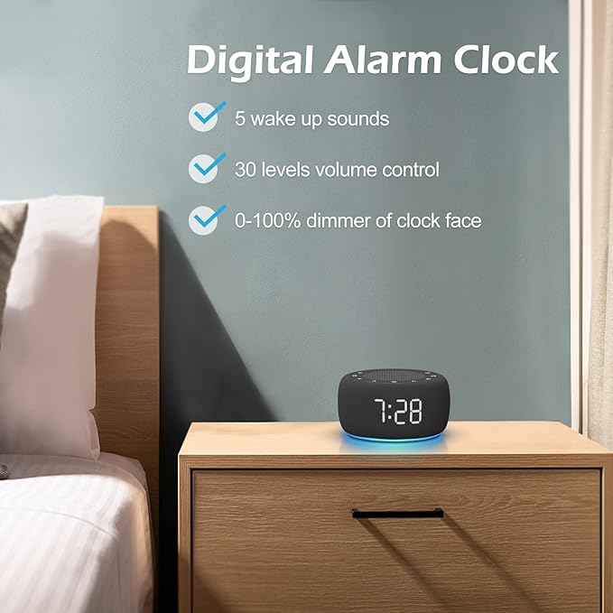 Buffbee Sound Machine & Alarm Clock 2-in-1, 0-100% Clock Face Brightness, Bottom Colored Light, Sleep Timer, Precise 30-Level Volume Control White Noise Machine