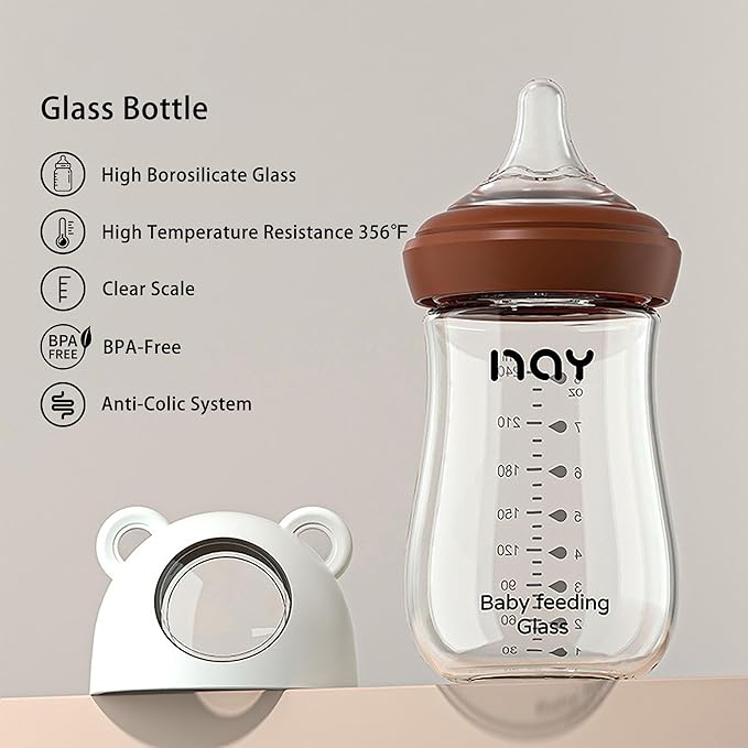 Natural Glass Baby Bottle for Breastfeeding Babies, 8oz Anti-Colic Baby Bottle with Natural Response Nipple(M), Clear, Wide Neck, 2 Pack, 3 Months+
