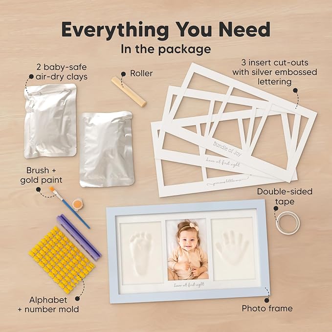 Baby Hand and Footprint Kit - Clay Handprint Keepsake Frame, Newborn Nursery Picture Frame, Personalized New Mom Gifts for Baby Shower & Registry (Mist Blue)