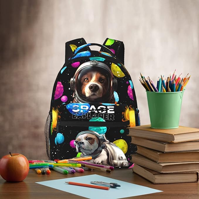 Funny Astronaut Dog Print Kids Backpack, Planet Space Galaxy Themed School Bag for Boys & Girls, Lightweight and Durable Bookbag for Age 5-12, Backpack Ideal for School & Outdoor Adventures