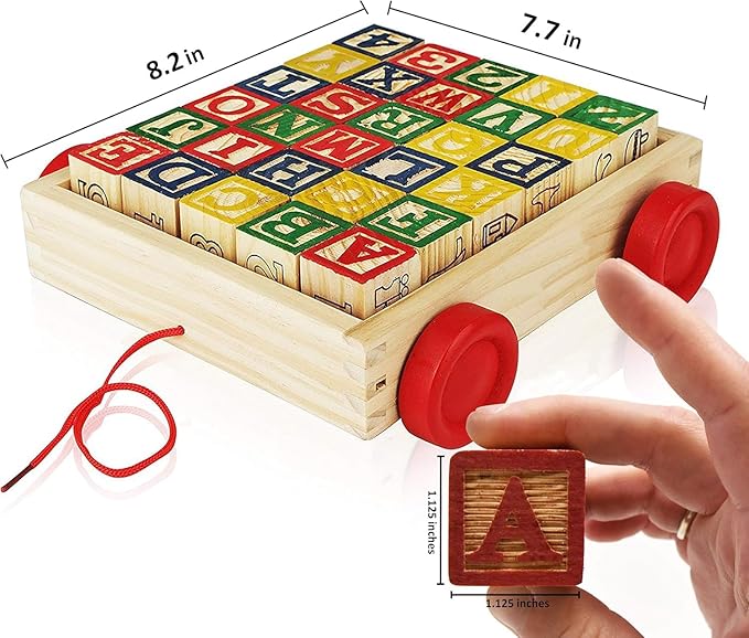 Wooden ABC Blocks with Pull Wagon, 30 Pieces, Educational Alphabet Learning Toy for Toddlers