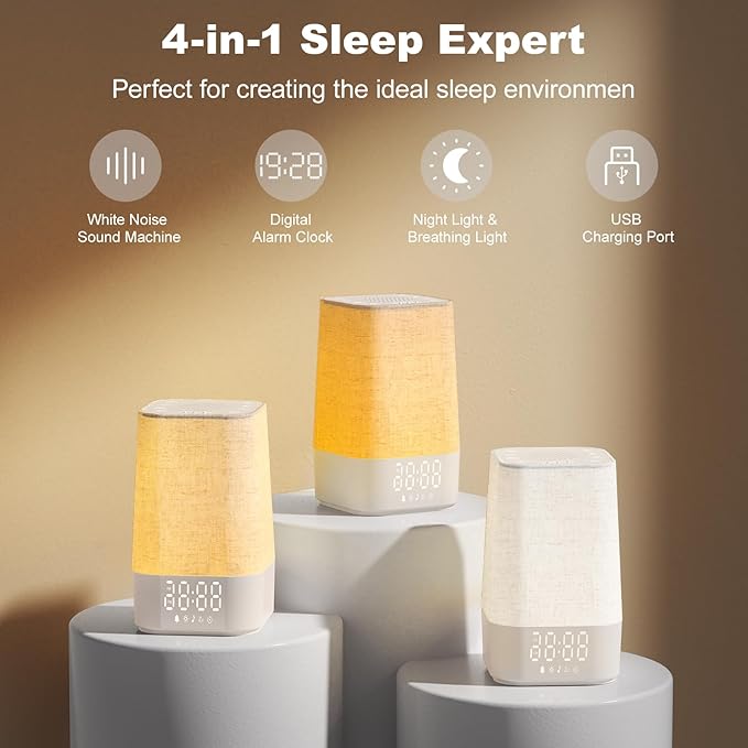 4-in-1 Sunrise Alarm Clock White Noise Sound Machine for Heavy Sleepers, Adults & Kids – Gentle Wake Up Light Alarm Clock with 30 Soothing Sounds, Dimmable Amber Breathing Night Light for Bedrooms