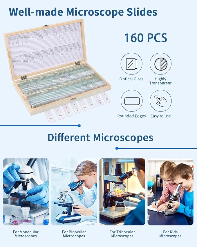 160-Pcs Microscope Slides with Specimens,Pre-Made Glass Slides with Specimens,Educational Microscope Slides and Covers for Young Scientists,Perfect for Biology Class and Experiments