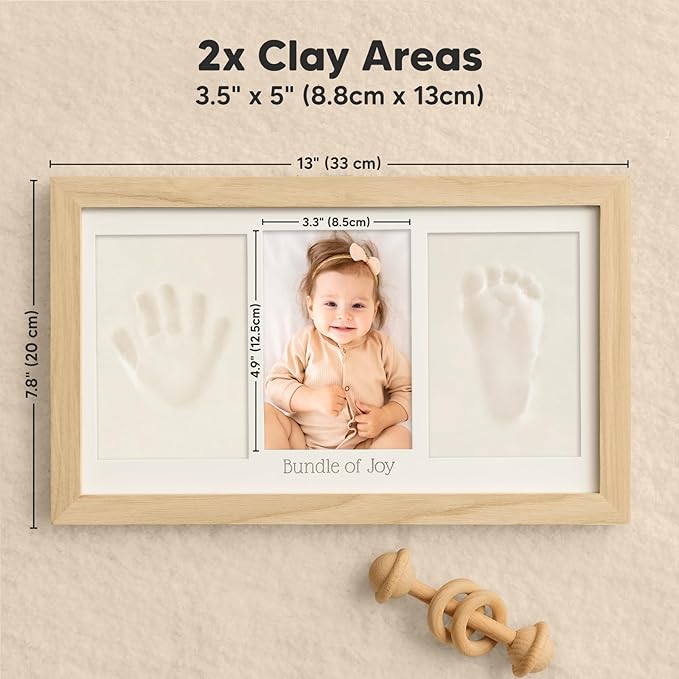 Baby Hand and Footprint Kit - Clay Handprint Keepsake Frame, Newborn Nursery Picture Frame, Personalized New Mom Gifts for Baby Shower & Registry (Ash Wood)
