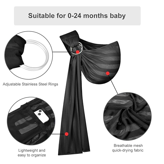 Water Ring Sling Baby Carrier, Adjustable Lightweight Breathable Newborn Carrier Sling for Summer, Swimming, Pool, Beach, Front Chest Mesh Infant Wrap Carrier for Baby Gift(Black)