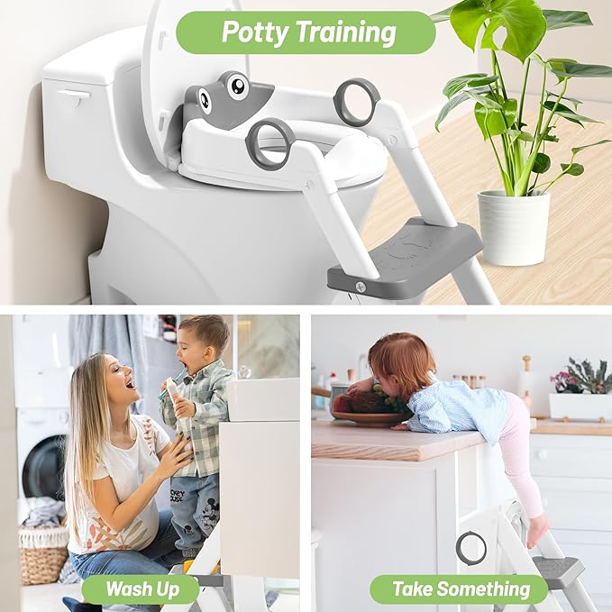 Frog Potty Training Seat, Upgrade Toddler Toilet Seat for Kids Boys Girls, 2 in 1 Potty Training Toilet for Kids, Splash Guard Anti-Slip Pad Step Stool