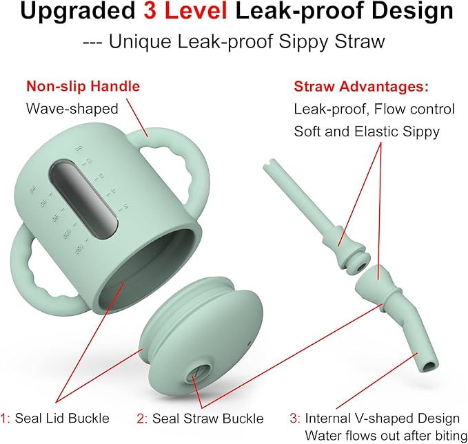 Seposeve 2 Pack Silicone Sippy Cups, Leak-Proof Baby Straw Cup for 6-12 Months, Spill Proof Toddler Cup with Straw 1-3 Years, with Capacity Marking, Non-slip Handle, Flow Control, 6 oz, Green Blue