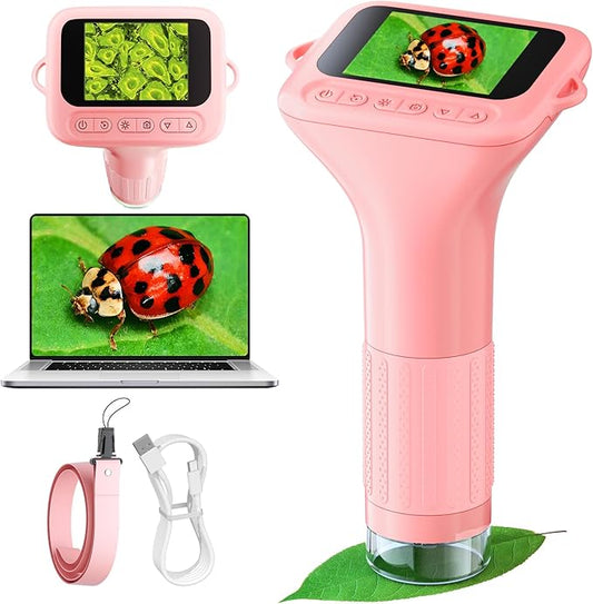 Microscope for Kids with 12 Slides, 100X-1000X 1080P Digital Handheld Kids Microscope, Mini Portable Pocket Miniscope Science Toys Gifts for 3+ 4 5 6 7 8 9 10 11 12 Year Old Boys Girls, Pink