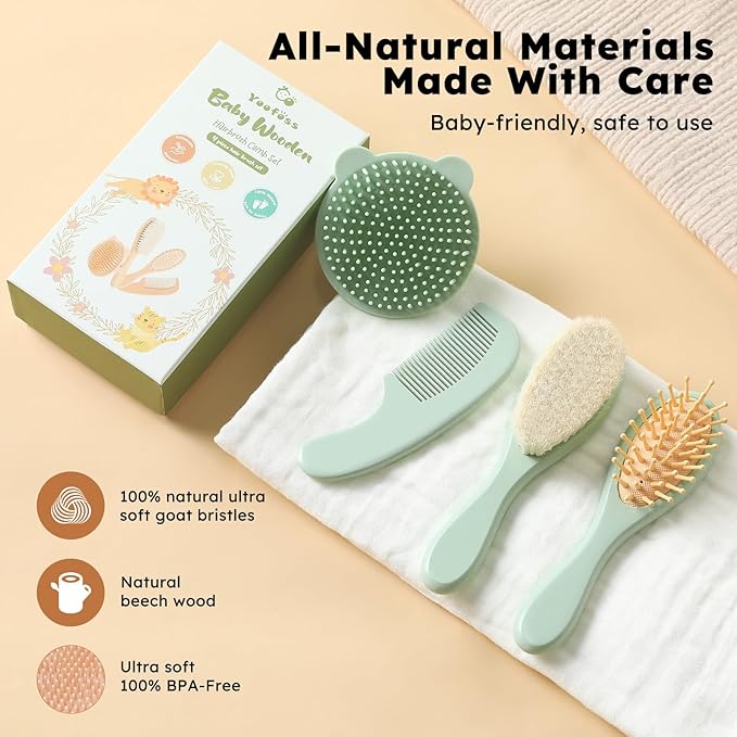 Yoofoss 4 Piece Baby Hair Brush and Comb Set,Wooden Baby Hair Brush with Natural Ultra Soft Goat Hair, Baby Comb Set for Boy, Girl - Green