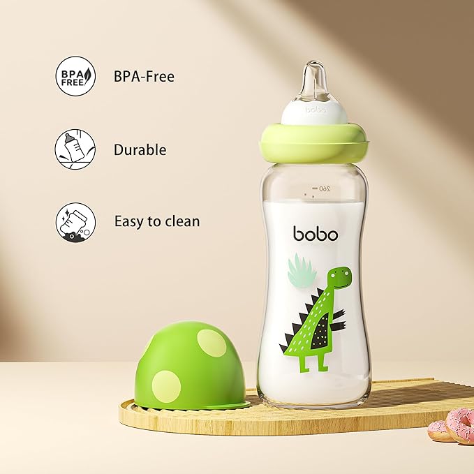 YOHKOH Natural Glass Baby Bottle with Natural Response Nipple, Newborn Anti-Colic Baby Bottles, Wide Neck Mushroom Cap Baby Bottle, Clear (8.8ounce (Pack of 4), Green2)