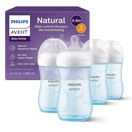 Philips Avent Natural Baby Bottles with Natural Response Nipples (Medium Flow, Flow 3), 9oz, Blue, 4-Pack, SCY903/24