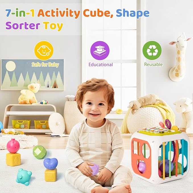 MINGKIDS 7 in1 Sensory Development Multifunctional Sensory Teething Toys for 1 2 Year Old Boy Girl,Shape Sorter Pull String Travel Car Toys for 12 Month